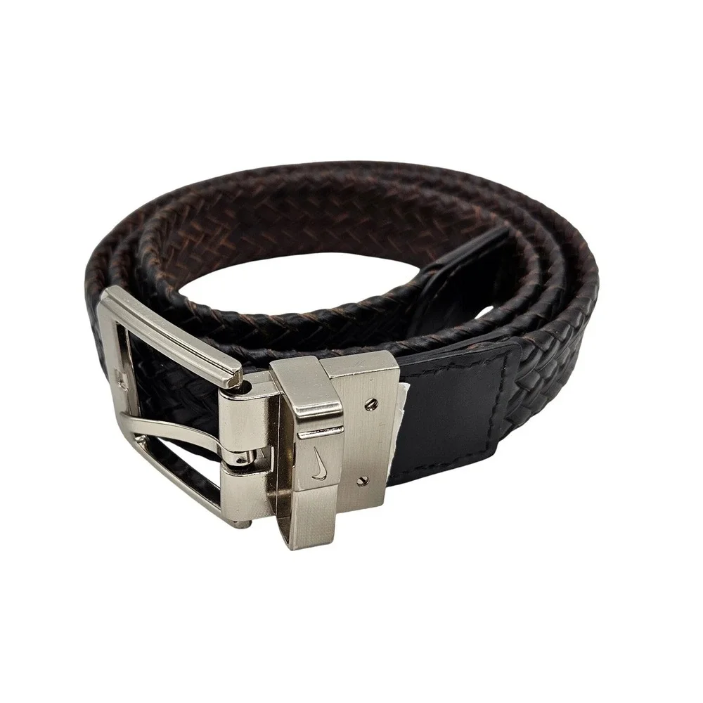 Nike Mens Reversible Braided‎ Leather Belt Brown Black Silver Buckle Swoosh Logo